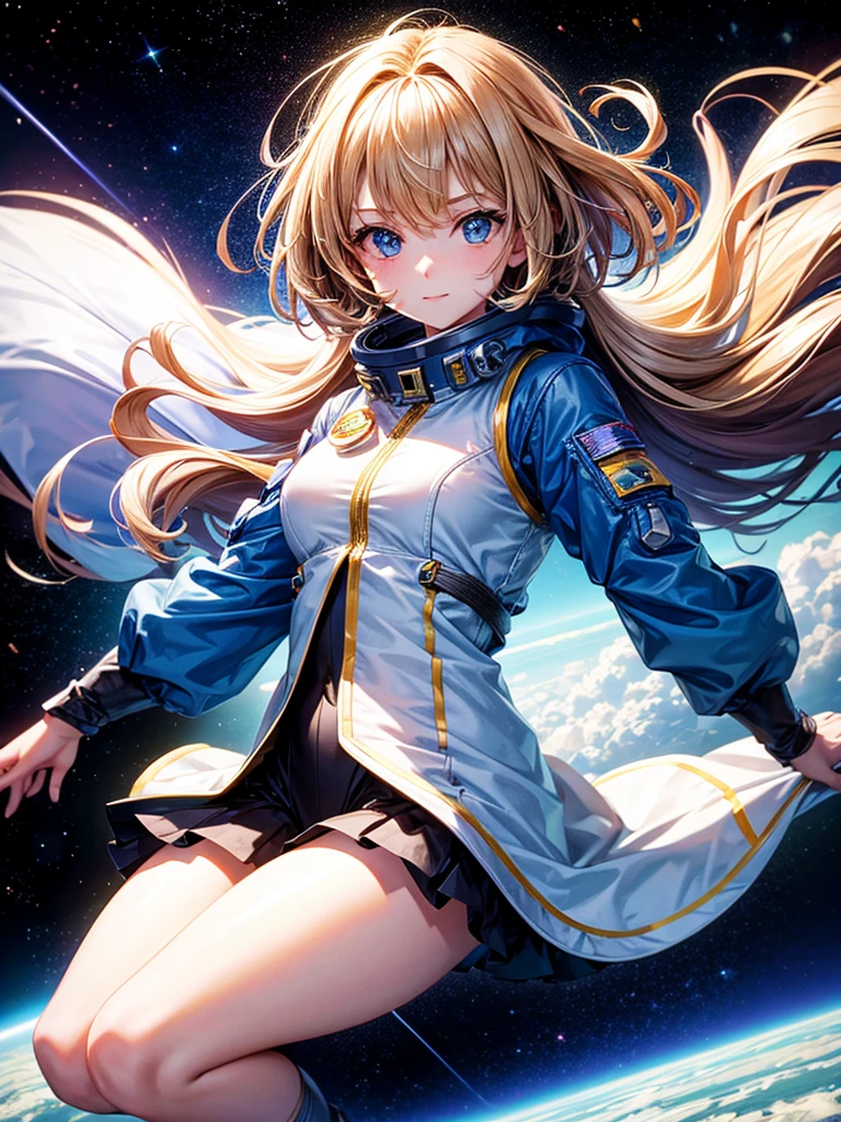 Highest quality,Highest Resolution,A beautiful android girl flying in space,Earth in the background,Get on the machine,