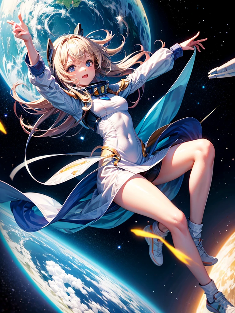 Highest quality,Highest Resolution,A beautiful android girl flying in space,Earth in the background,