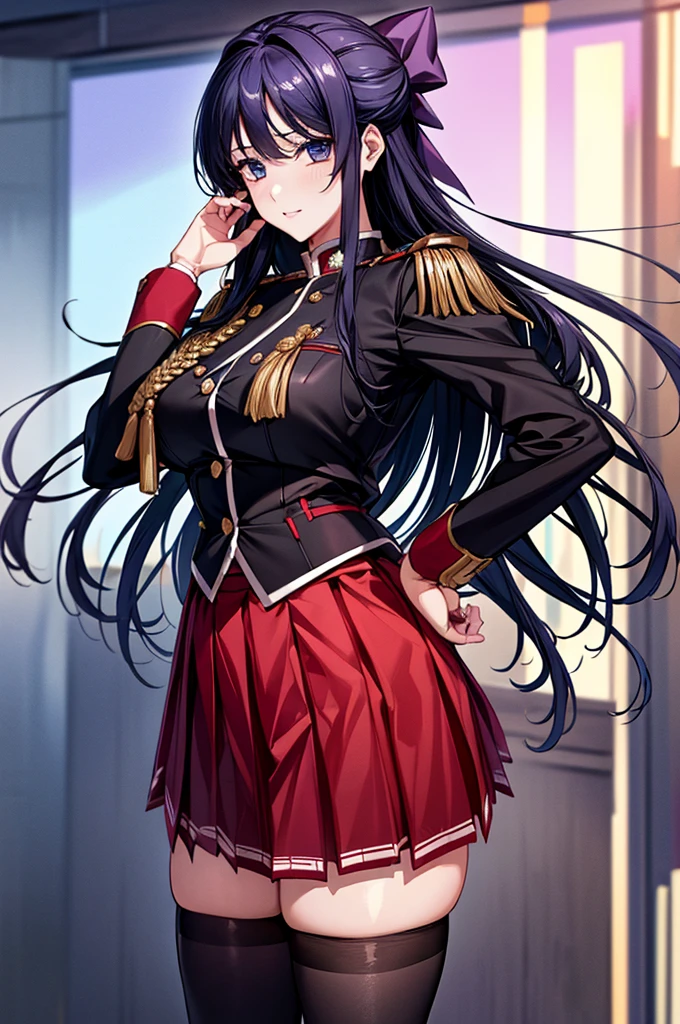 Highest quality、unity 8k wallpaper、32k、masterpiece、Very detailed、Ultra-high resolution、Very detailedな顔、RAW Photos、Professional、Ultra-fine painting、Fine metal texture、High quality fabric、Ryuzoji Akane、Hands on hips、uniform, Pleated skirt、