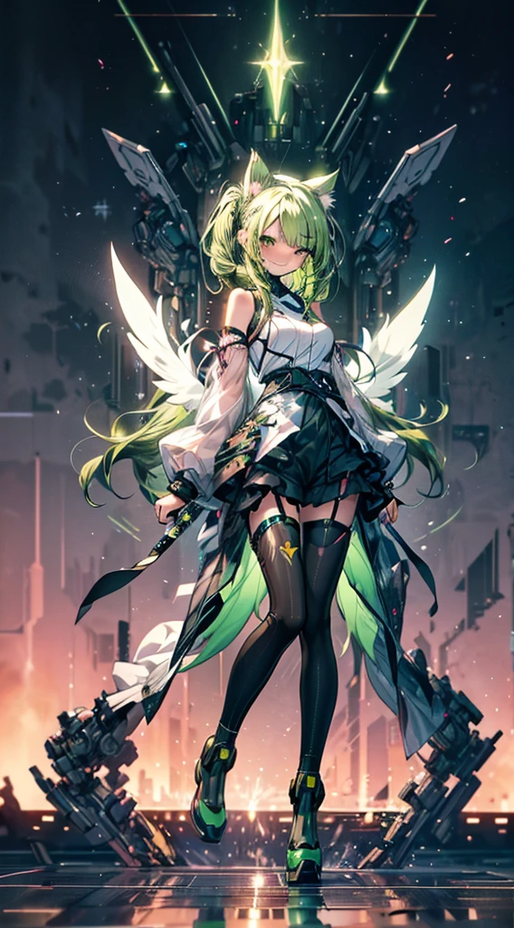 anime figure, figma,(detailed eyes))
1girl,((cat ears)),cat tail, ((long straight green hair:1.3)),big expressive neon green eyes,,expressive eyes,(((smile,blush wink))),(((full body:1.4))), ((mechanical full body suite, mecha)), feather robot wings,black kitten, cute, dynamic flirty pose, missiles on arms and shoulders, partial metal mask,standing on one leg looking at viewer ,shoulder trun to the viewer,black kitten sitting next to her, cute,flirty pose,AD ,decales,web AD
solo:1.5


