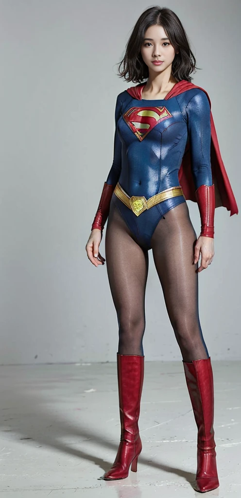 No background、(((Beautiful legs in black tights.)))、(((Legally express the beauty of your smile)))、((((Make the most of your original images)))、(((Supergirl Costume)))、(((Beautiful very short hair)))、(((suffering)))、(((Please wear black tights....、Wear red boots)))、((Best image quality、8K))、((Highest quality、8K、masterpiece:1.3))、(((Preserve background )))、Sharp focus:1.2、Beautiful woman with perfect figure:1.4、Slim Abs:1.2、Wet body:1.5、Highly detailed face and skin texture、8K