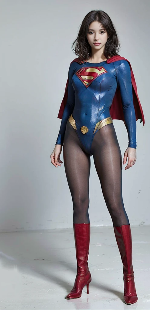 No background、(((Beautiful legs in black tights.)))、(((Legally express the beauty of your smile)))、((((Make the most of your original images)))、(((Supergirl Costume)))、(((Beautiful very short hair)))、(((suffering)))、(((Please wear black tights....、Wear red boots)))、((Best image quality、8K))、((Highest quality、8K、masterpiece:1.3))、(((Preserve background )))、Sharp focus:1.2、Beautiful woman with perfect figure:1.4、Slim Abs:1.2、Wet body:1.5、Highly detailed face and skin texture、8K