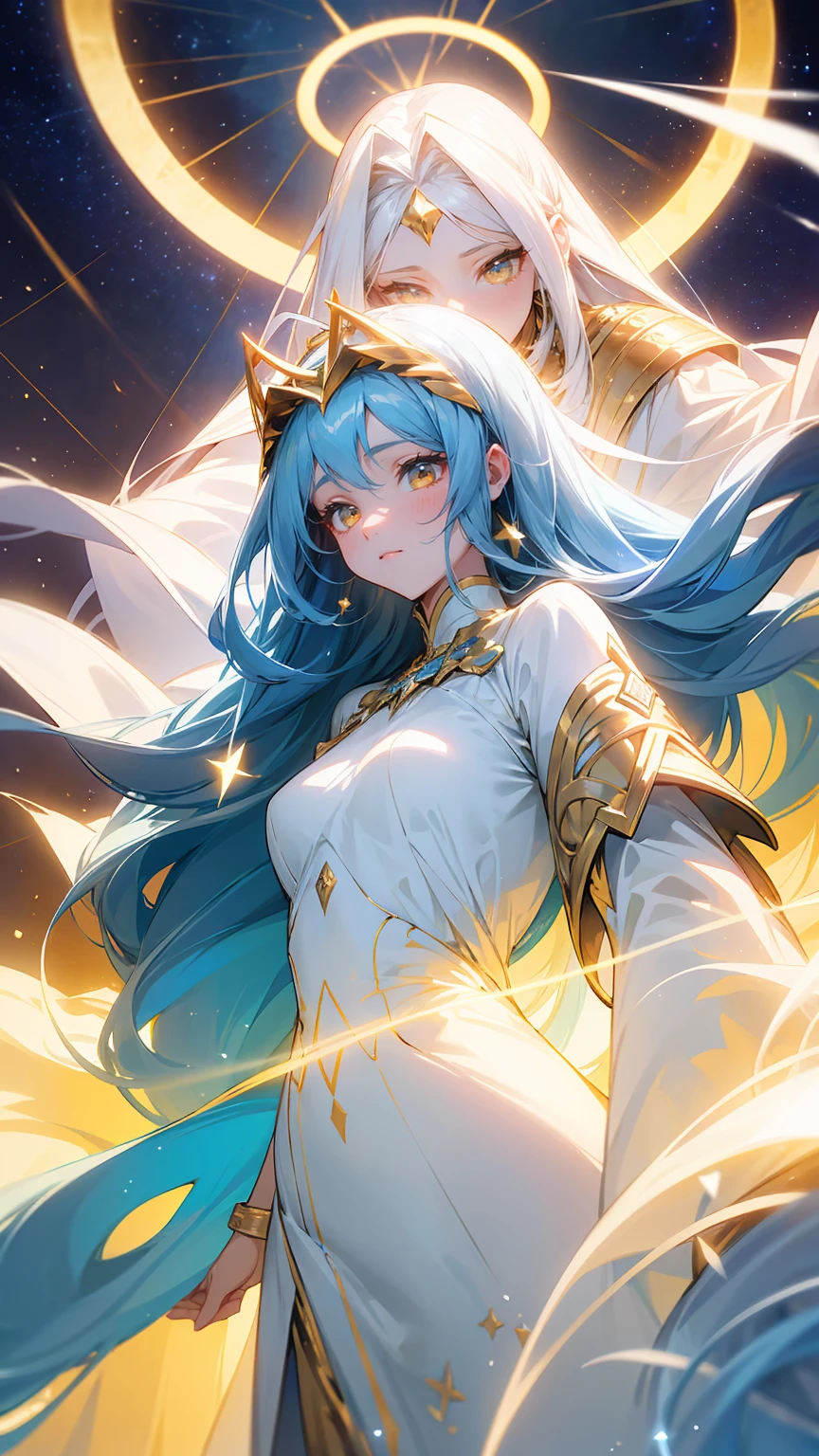 Create an illustration of a celestial woman with long, flowing blue hair adorned with golden stars. She has radiant golden eyes and a serene expression. She wears a white, ethereal gown with golden accents. A luminous halo of light surrounds her head, and she is set against a backdrop of a starry night sky, enhancing her otherworldly and angelic presence.