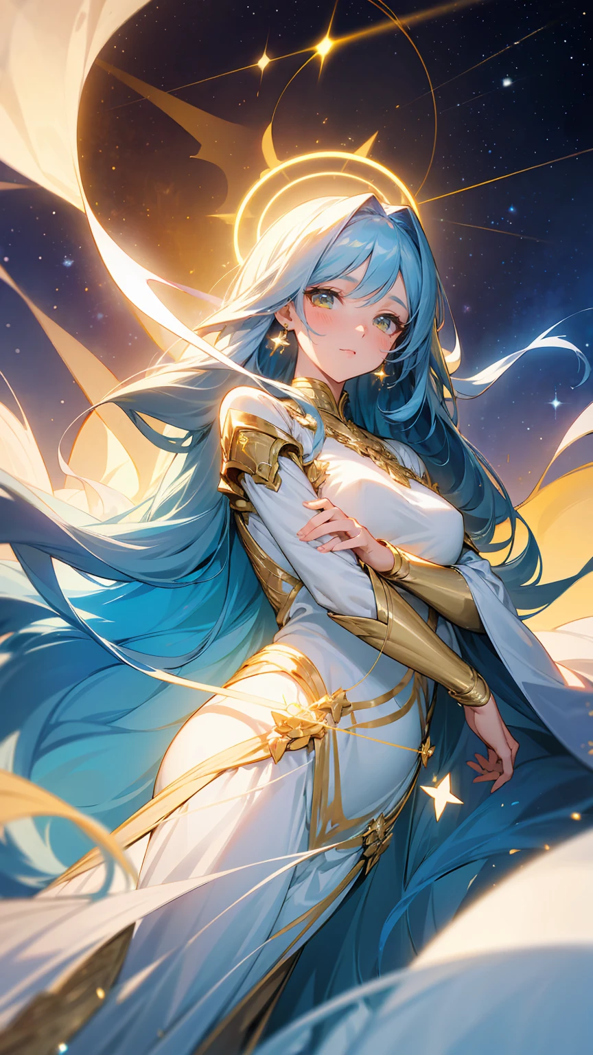 Create an illustration of a celestial woman with long, flowing blue hair adorned with golden stars. She has radiant golden eyes and a serene expression. She wears a white, ethereal gown with golden accents. A luminous halo of light surrounds her head, and she is set against a backdrop of a starry night sky, enhancing her otherworldly and angelic presence.

