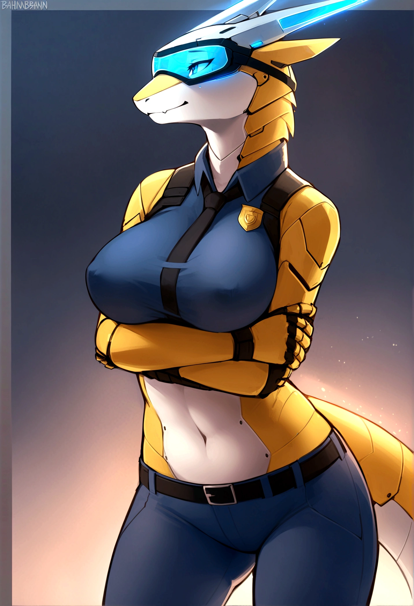 top quality, best quality, by bahnbahn, High-quality illustrations, masterpiece, shading, light)(kemono, furry anthro, alone), round, 1 female, Mecha Dragon, blue visor, blue glow, cybernetic body, android body, slim body, big breasts, perfect eyes, police clothes