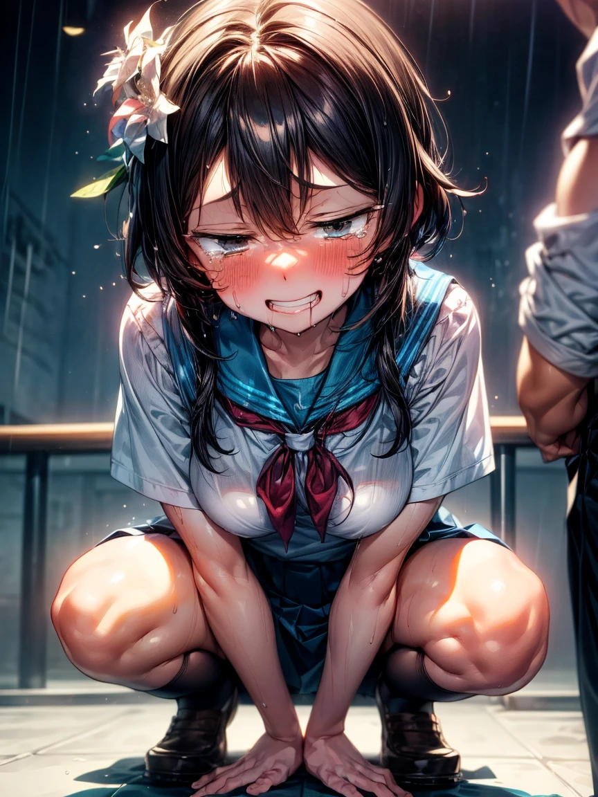 (Very tiny girl rides guy perfectly:1.5)、(Straddling Girl:1.3)、(Big Breasts)、(eyes half closed:1.3)、(Grin:1.3)、(Big tears:1.3)、(Drooling from the mouth:1.3)、(The body shakes violently)、8K resolution、 ((Highest quality))、Anatomically correct、(Flower Hair Ornaments)、(High School Uniform:1.9)、((Hasselblad Photos))、[:(Detailed face:1.2):0.2]、(heavy rain:1.3)、(Sweat:1.6)、(Intense squats:1.5)、(Downward:1.5) 、(hollow:1.6)、(Depression)、(CG anime style:1.6)