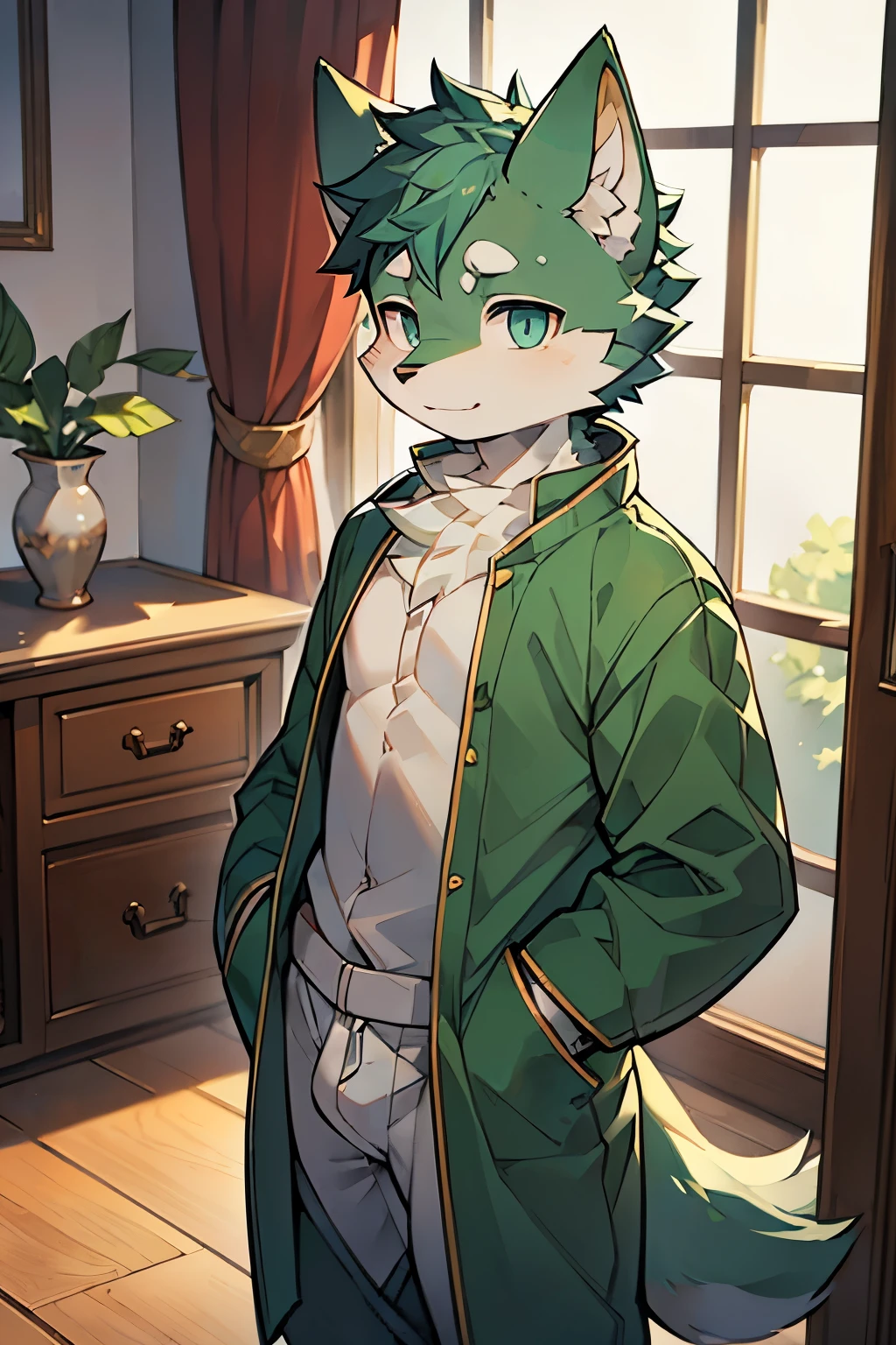 Exquisite lines,best quality。young,male,Light green fur,Wolf Orc,Higher,green pajamas,Blue pupils,Background living room,Standing at the door,morning,cloudy day