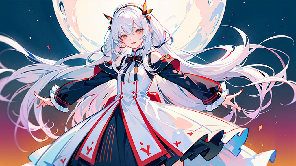 White hair, long, beautiful boy, cute, dress, androgynous, left eye white, right eye red, love, fleeting, unrequited love, solo, men's outfit White background