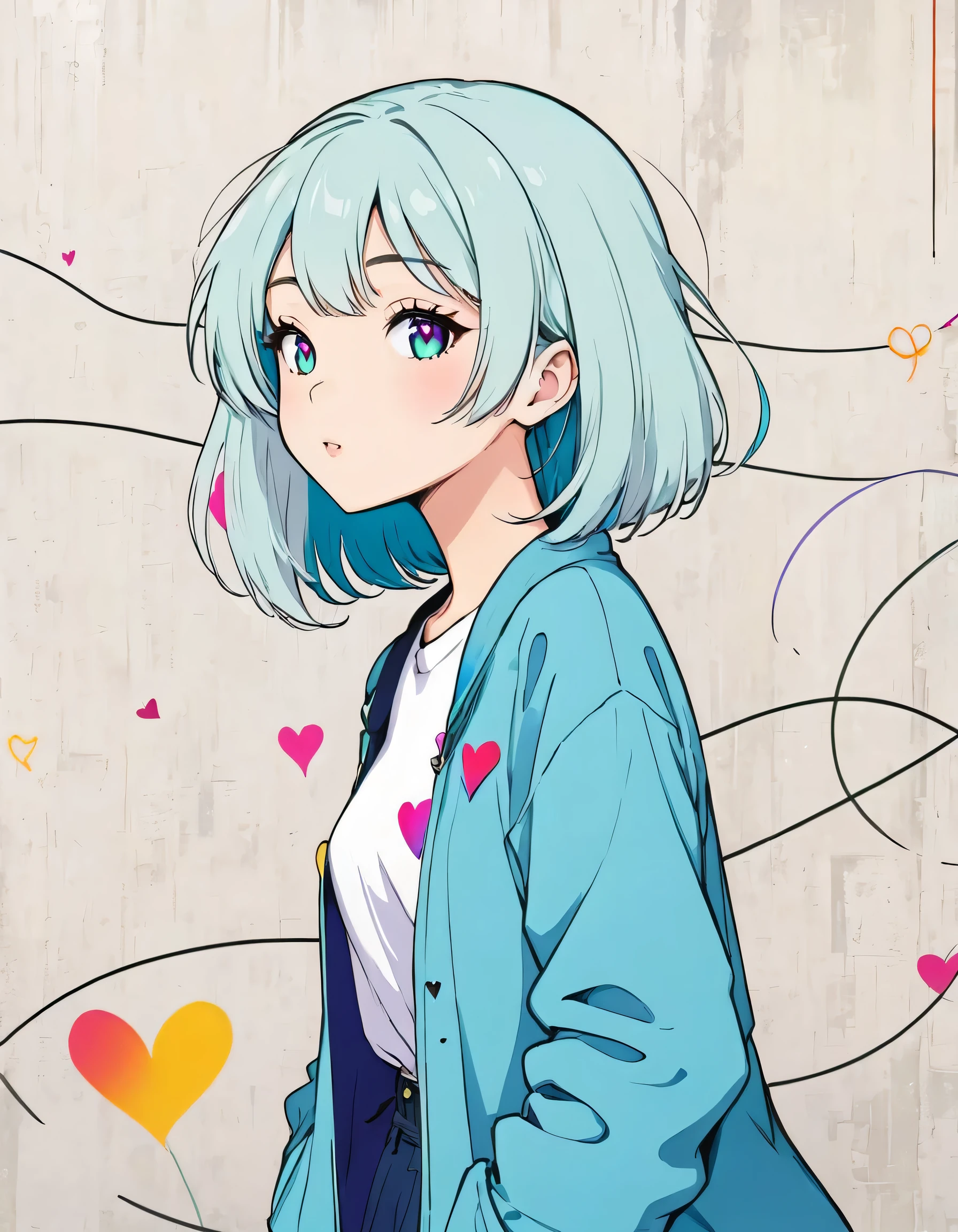Mai Yoneyama style, Simple Line Initialism,Abstract art,Urban Background, colorful hearts ,(((The most beautiful girl of all time))),