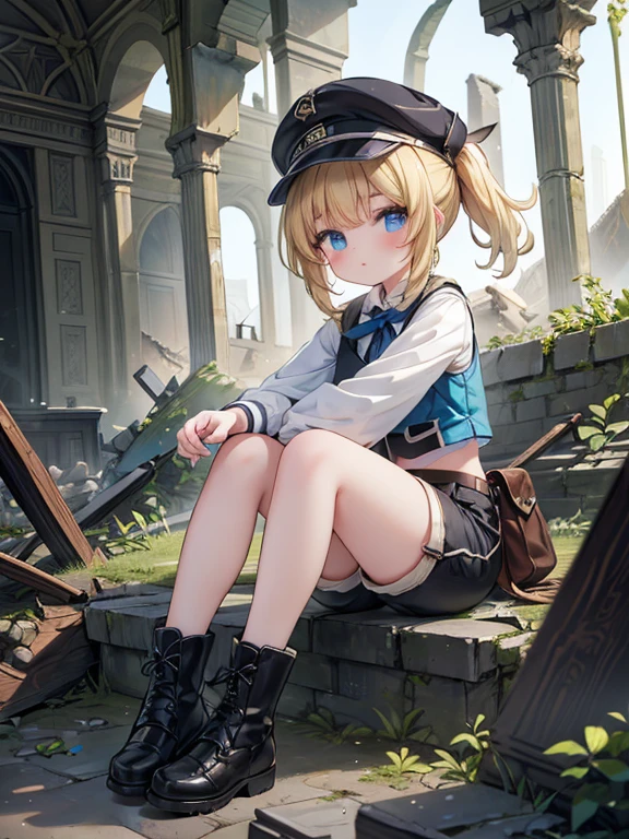 masterpiece, Highest quality, Very detailed, 16K, Ultra-high resolution、14-year-old girl, Perfect Fingers, Detailed face, blue eyes, Blonde, ponytail, Expedition clothing, A vest with many pockets, Shorts, thick soled boots, Safari Hat, (Inside the ruins:1.5), (dark:1.5), Stone Wall, Cobblestones, lanthanum, explore