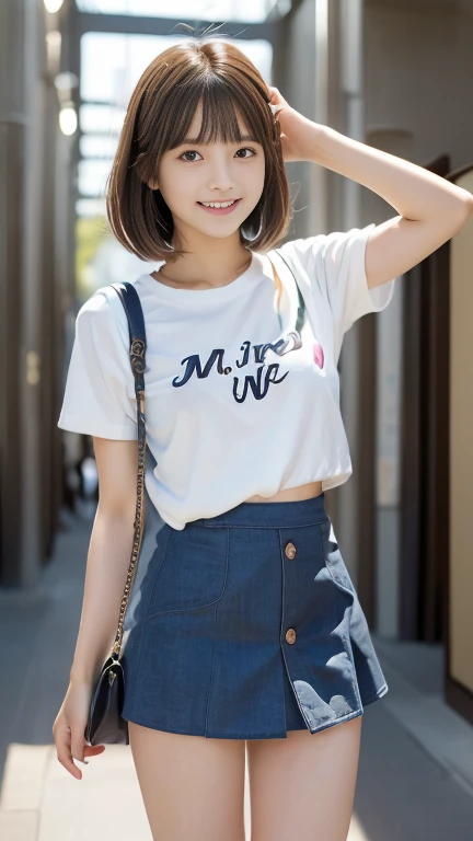 ((SFW: 1.4)), (girl)), Ultra-high resolution, (Realistic: 1.4), RAW Photos, Highest quality, (PhotoRealistic Stick), concentrated, Soft Light, ((15 years old)), ((Japanese)), (( (Young Face))), (surface), (Written boundary depth), masterpiece, (Realistic), woman, bangs, ((1 girl))、(((Model-like style、Thighs、shin、Full body portrait)))、Handbags))、((((Mr.々Fashion、Summer clothes、Mr.々A pose、Too short mini skirt))))、(((Find someone you like and smile)))、(((The background is a museum)))