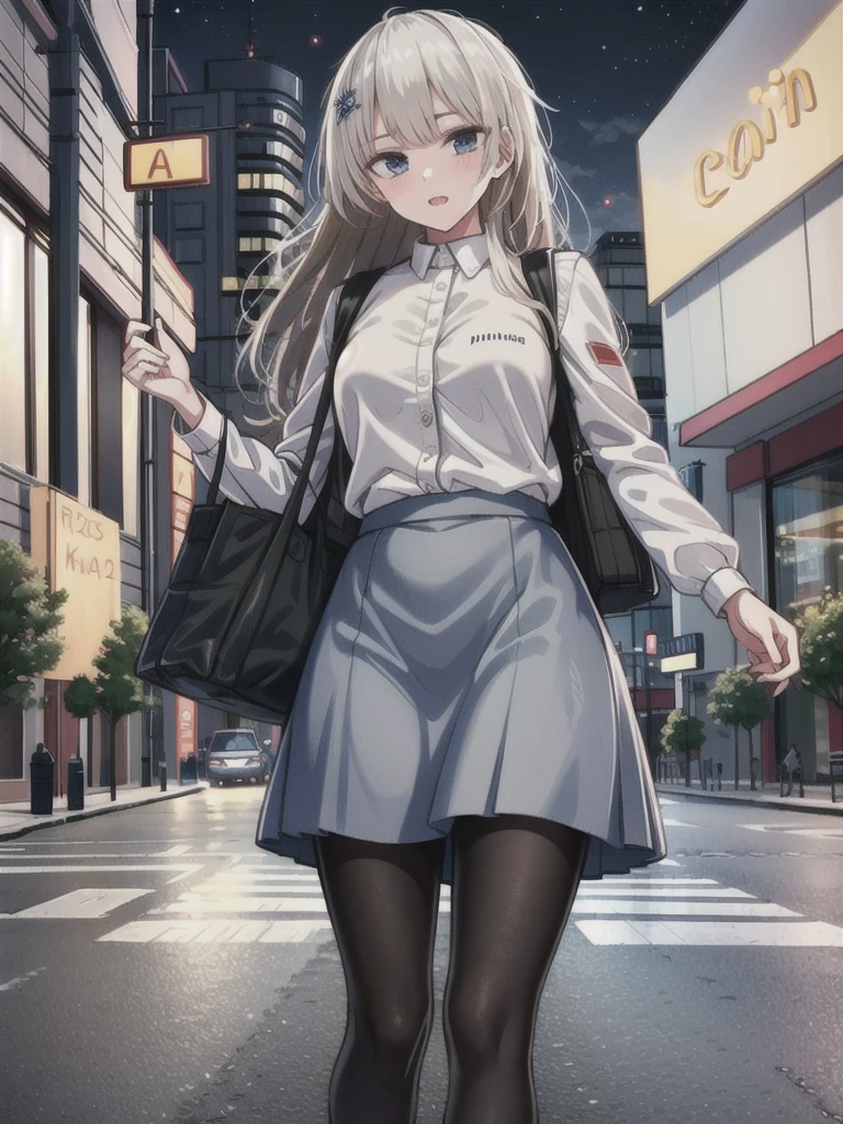 1girl, solo, female, ak-74m, white shirt, standing,cowboy shot's, blue skirt, outdoor, night, 4k, bokeh, pantyhose, carying a bag, mature woman, a date, 