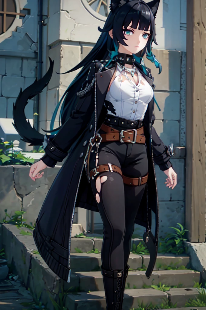 ultra detailed, masterpiece, best quality, solo, 1girl, teal eyes, (tsurime:1.2), blunt bangs, black hair, long hair, straight hair, shoulder-length hair, female focus, coat, shirt, pants, studded belt, multiple belts, combat boots, torn clothes, necklace, black coat, black and blue theme, big collar, puppy ears, dog tail