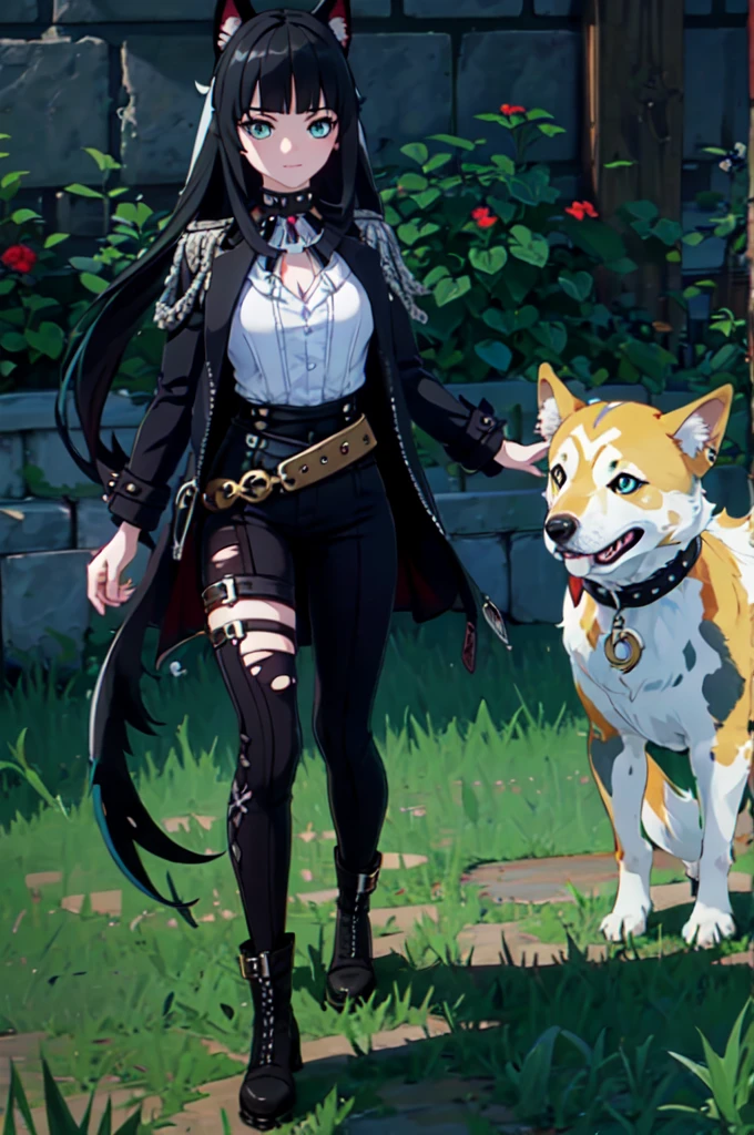 ultra detailed, masterpiece, best quality, solo, 1girl, teal eyes, (tsurime:1.2), blunt bangs, black hair, long hair, straight hair, shoulder-length hair, female focus, coat, shirt, pants, studded belt, multiple belts, combat boots, torn clothes, necklace, black coat, black and blue theme, big collar, puppy ears, dog tail