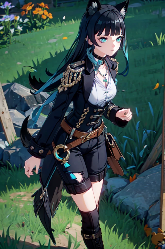 ultra detailed, masterpiece, best quality, solo, 1girl, teal eyes, (tsurime:1.2), blunt bangs, black hair, long hair, straight hair, shoulder-length hair, female focus, coat, shirt, pants, studded belt, multiple belts, combat boots, torn clothes, necklace, black coat, black and blue theme, big collar, puppy ears, dog tail
