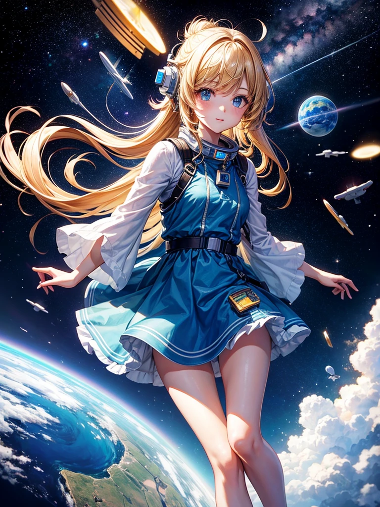 Highest quality,Highest Resolution,A beautiful android girl flying in space,Earth in the background,Get on the machine,Milky Way,
