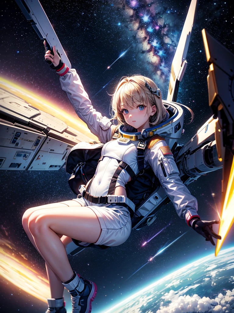 Highest quality,Highest Resolution,A beautiful android girl flying in space,Earth in the background,Get on the machine,Milky Way,