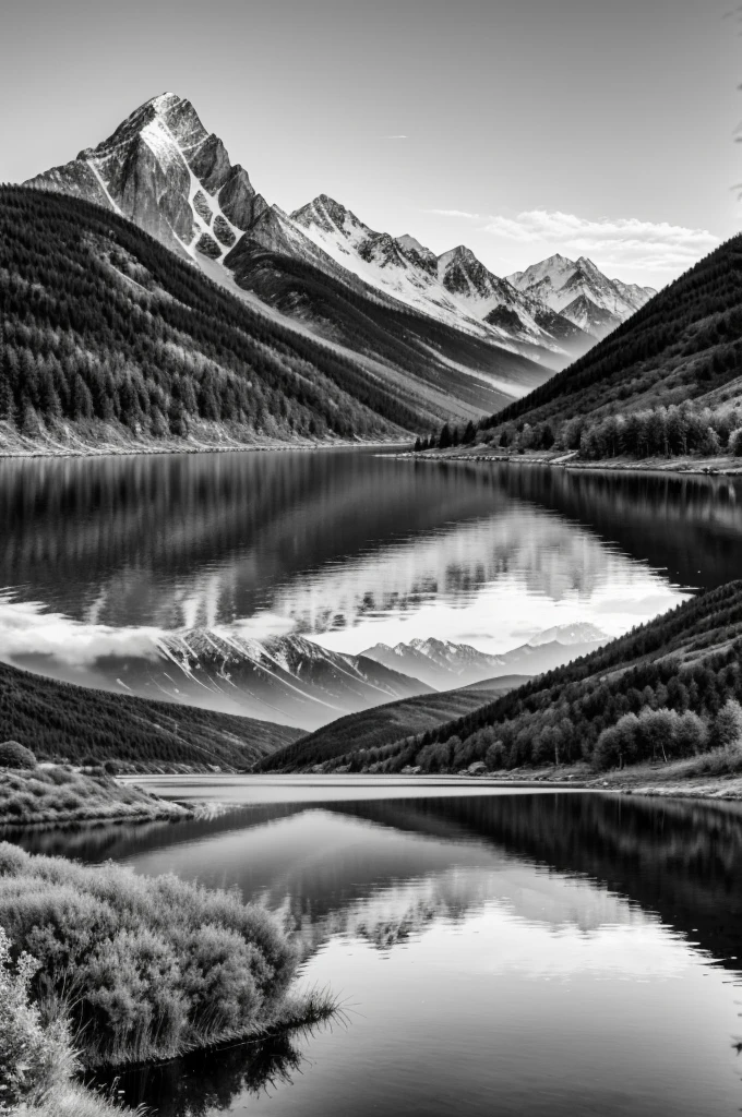 Black and white without colour scenery with mountains and a lake