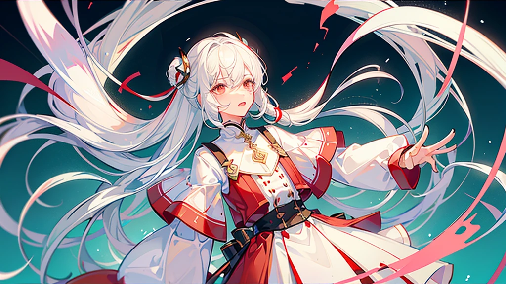 White hair, long, beautiful boy, cute, soft dress, androgynous, white left eye, red right eye, love, fleeting, unrequited love, solo White background