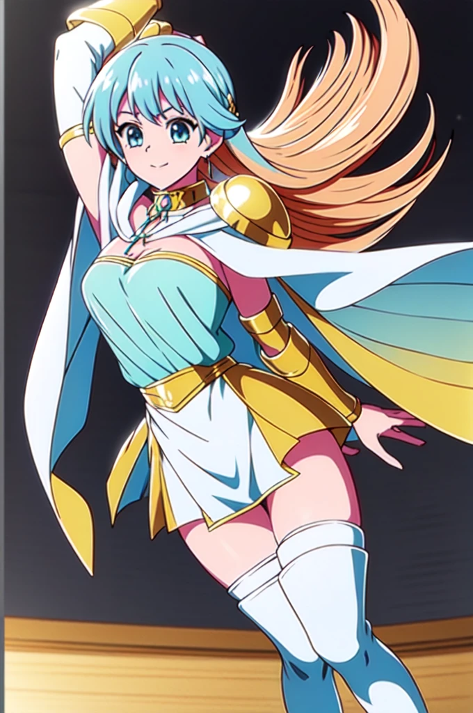1girl,solo,(cowboy shot),standing,(pastel blue hair:1.6),long hair,(orange eyes:1.2),(golden hair brooch:1.5),(beautiful fingers:1.4),(perfect anatomy:1.6),(arms_behind_back:1.6),(cold_shoulder:1.2),(pastel blue leather lace glossy silk lamé shrine maiden clothes:1.6),(latex luster shiny glossy metallic:1.4),(shiny_clothes:1.4),(white Clear PVC sheets sleeves:1.4),(sheer sleeves:1.4),(see-through sleeves:1.4),(wide sleeves:1.2),small breasts,masterpiece,best quality,(Ultra high definition eyes:1.2),8k,(Beautiful detailed eyes:1.2),(Fine and beautiful eyes:1.2),(pretty eyes:1.2),finely detail,extremely CG, absurdres,high resolution,illustration,Detailed and beautiful outlines,finely detail,high resolution,(colorful refraction:1.4,Increase saturation:1.2),beautiful lighting,dynamic lighting,closed room,black background,simple background, smile,looking at viewer,leona,(pastel blue cape),gold choker,(pastel blue thigh boots:1.2)