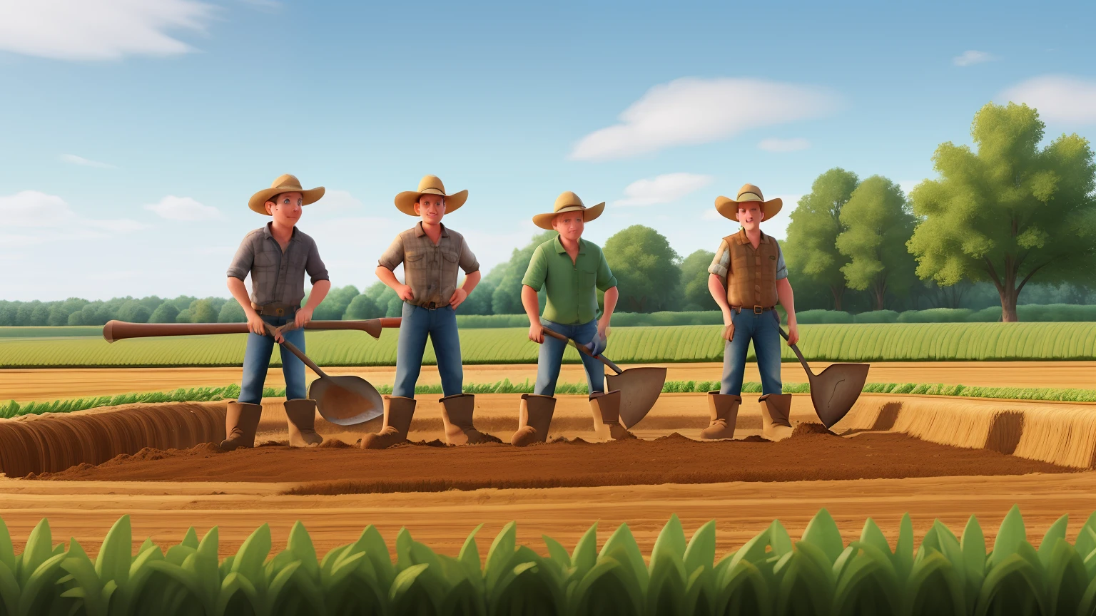 Three farmer friends are digging in the field with their spades, detailed picture