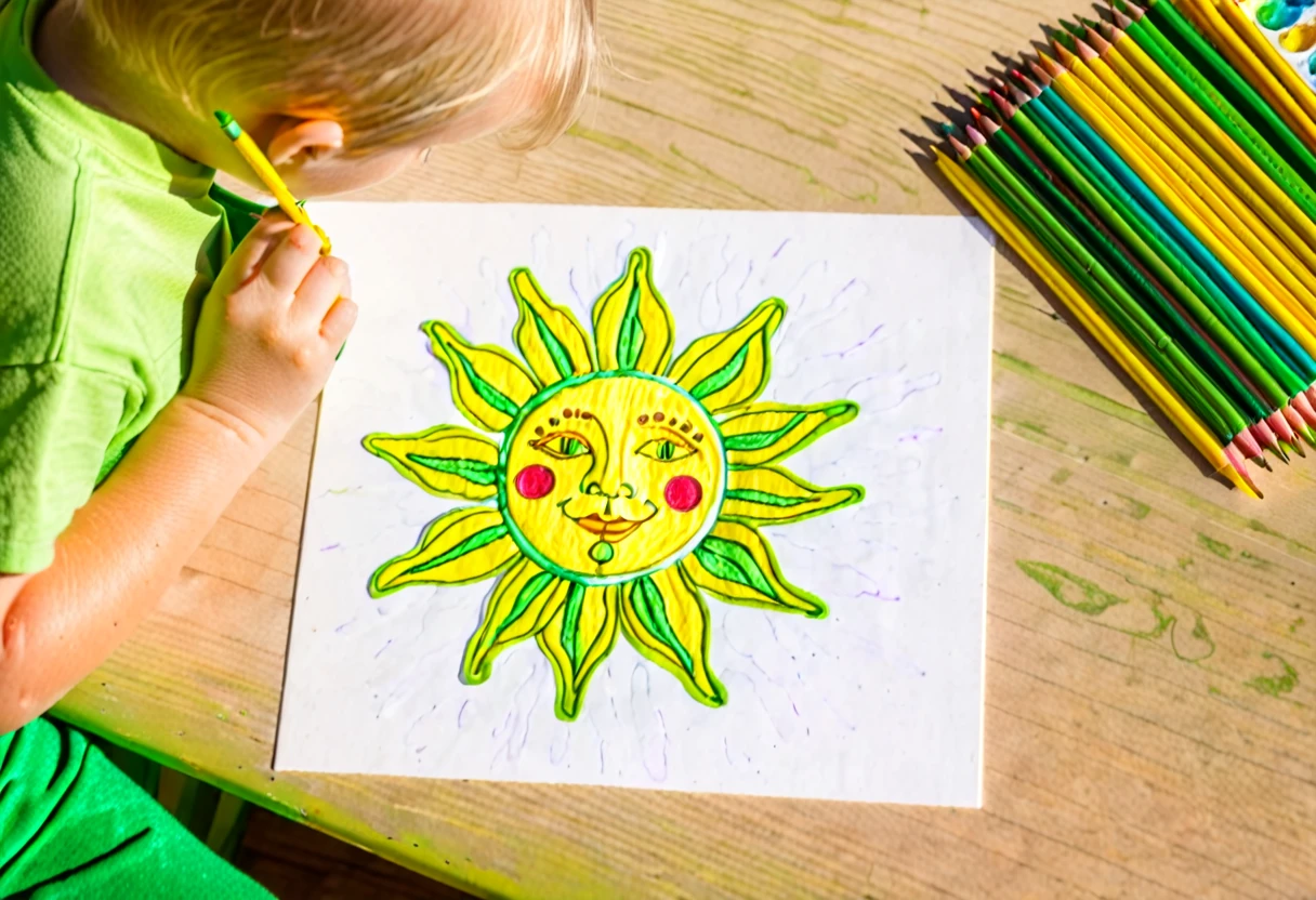 child drawing a flower and drawing sun behind his face, in the style of global imagery, hand-coloring, science-based, aerial view, yellow and green, shaped canvas, selective focus
