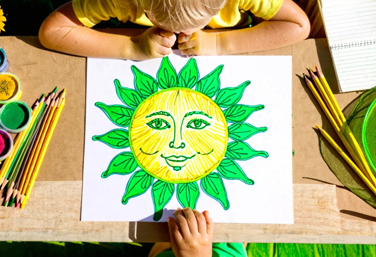 child drawing a flower and drawing sun behind his face, in the style of global imagery, hand-coloring, science-based, aerial view, yellow and green, shaped canvas, selective focus