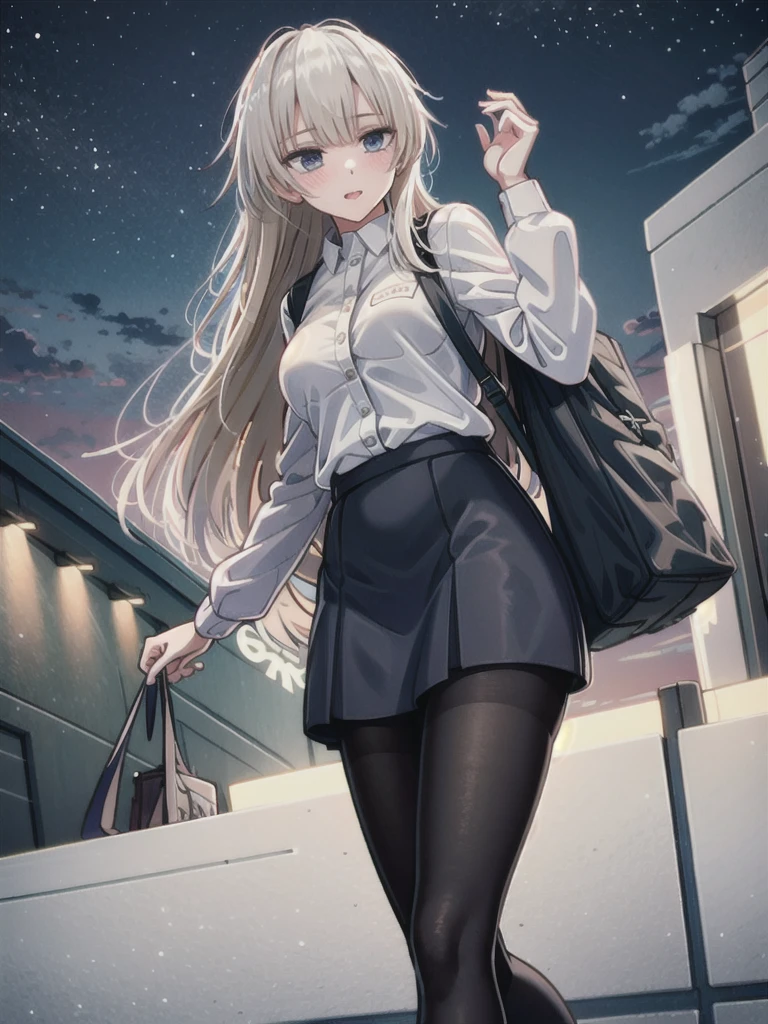 1girl, solo, female, ak-74m, white shirt, standing,cowboy shot's, blue skirt, outdoor, night, 4k, bokeh, pantyhose, carying a bag, mature woman, a date,