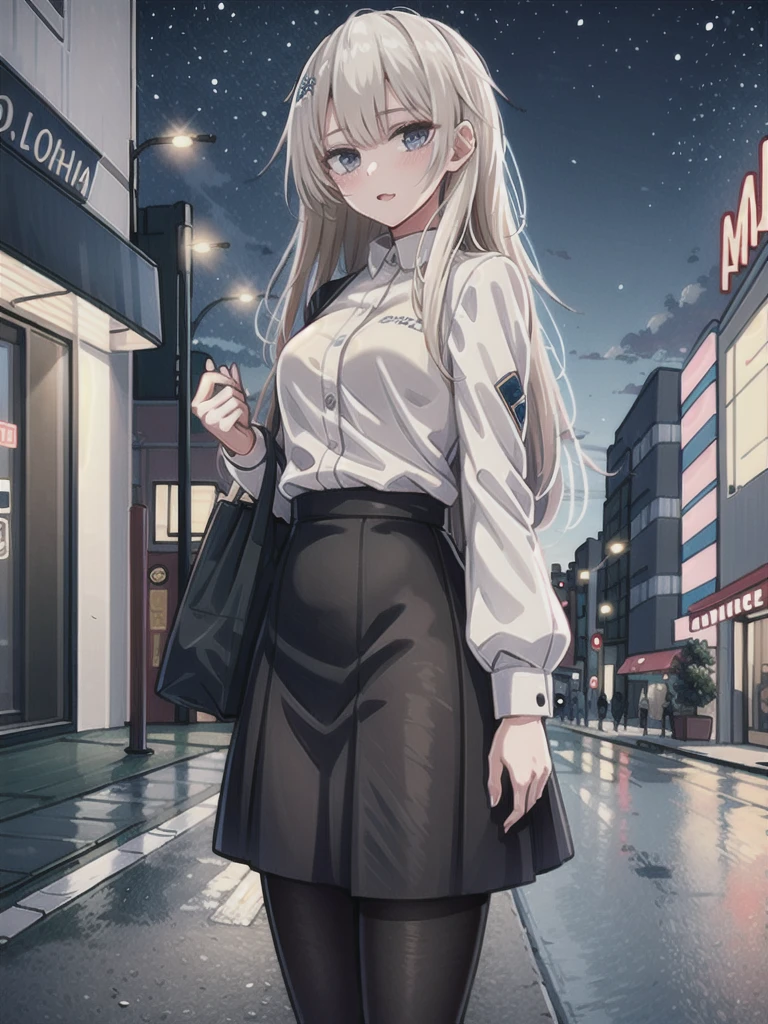 1girl, solo, female, ak-74m, white shirt, standing,cowboy shot's, blue skirt, outdoor, night, 4k, bokeh, pantyhose, carying a bag, mature woman, a date,