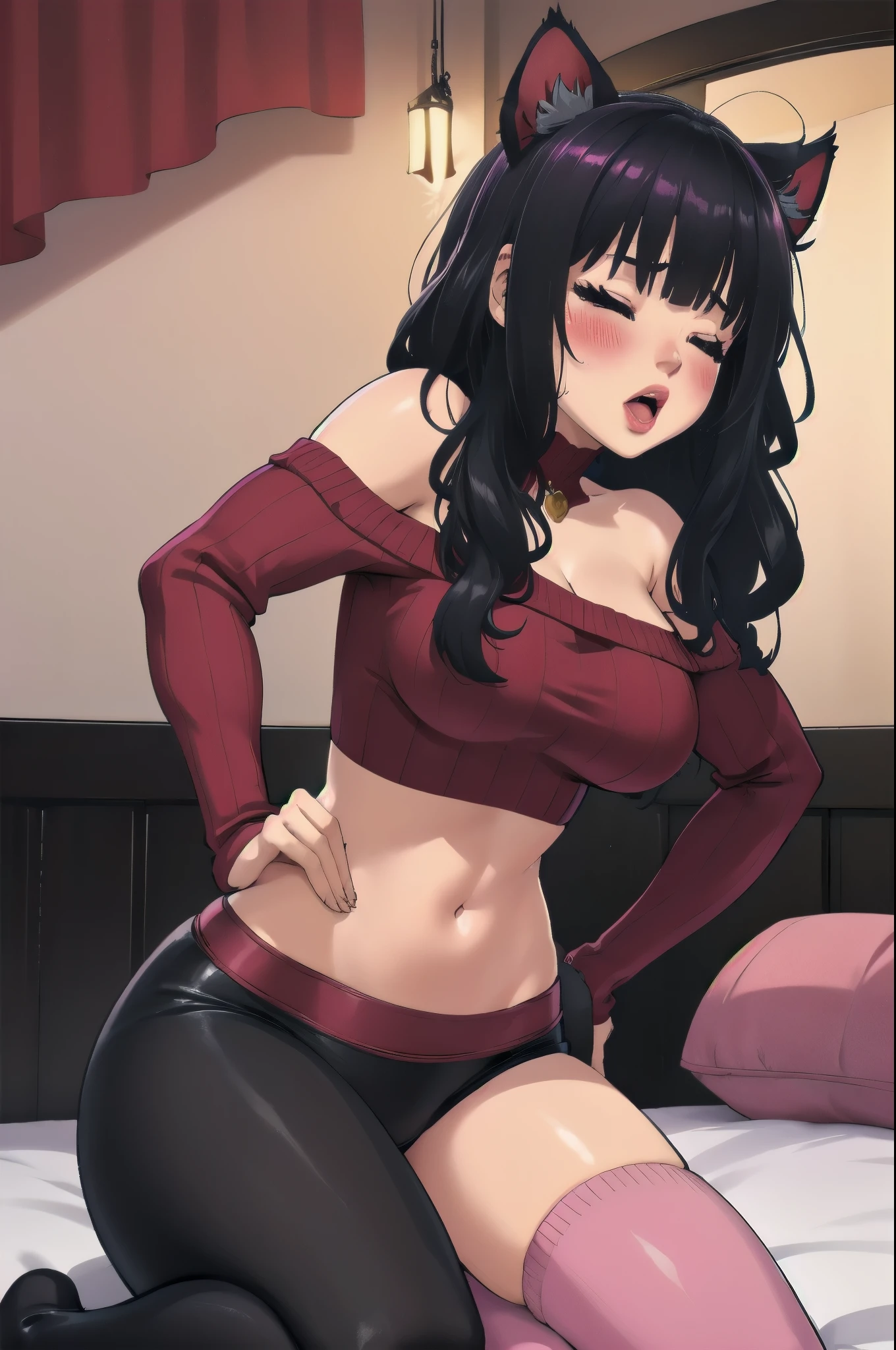 Sexy woman junkotvv with cat ears, Closed eyes, Open mouth, very deep blush, The tip of the nose is red, long neck, Off Shoulder Pink Sweater, medium chest, visible cleavage, bedroom, warm lighting ,in bed