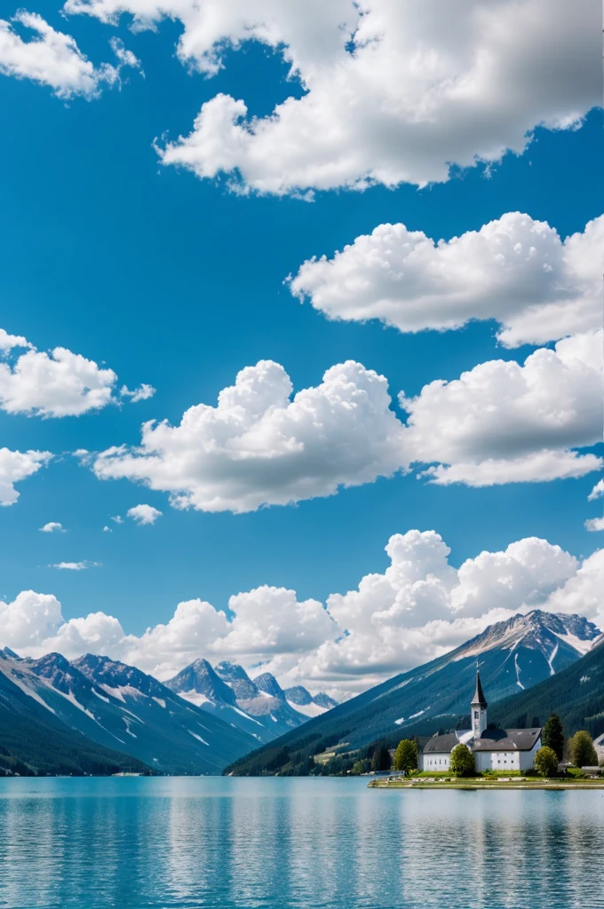 Wide sky,Blue sky and white clouds,Lakeside,Alpine background,white church