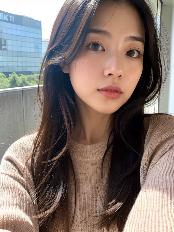 Photographed in natural light、Highly detailed face and skin texture、Highly detailed lips、The correct state of the human body、Ultra-high resolution、(Photorealistic:1.4)、Highest quality, One beautiful woman, 30 years old, s, Selfie with mobile phone、Office Style Background,Concrete Background、Tile Background、Pale pink knit、(Dark brown medium long hair)、Black-haired、Long hair Japanese woman、(Dark brown hair)、Various poses、Don&#39;Don&#39;t look at the camera、profile、Natural color lip、Spring Clothes、 necklace