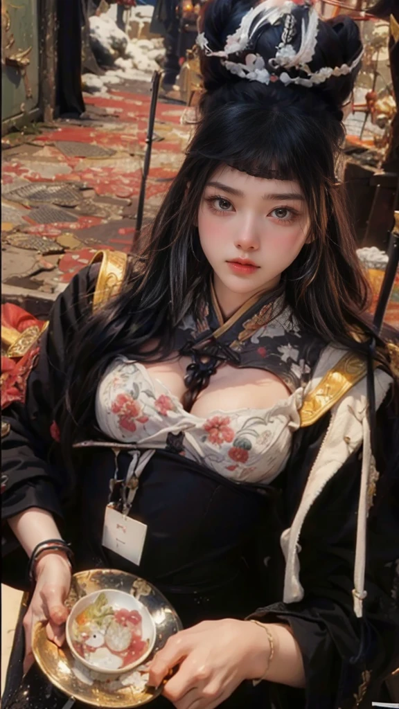 ((Masterpiece, Top Quality, High Resolution, Photorealistic, Raw, 8K wallpaper)), A female swordsman in Chinese clothes, Hero of the Three Kingdoms, (A large sword is held in both hands), She has long black hair tied back, wears iron armor and a red cape, Surrounded by enemy soldiers with a burning city in the background,