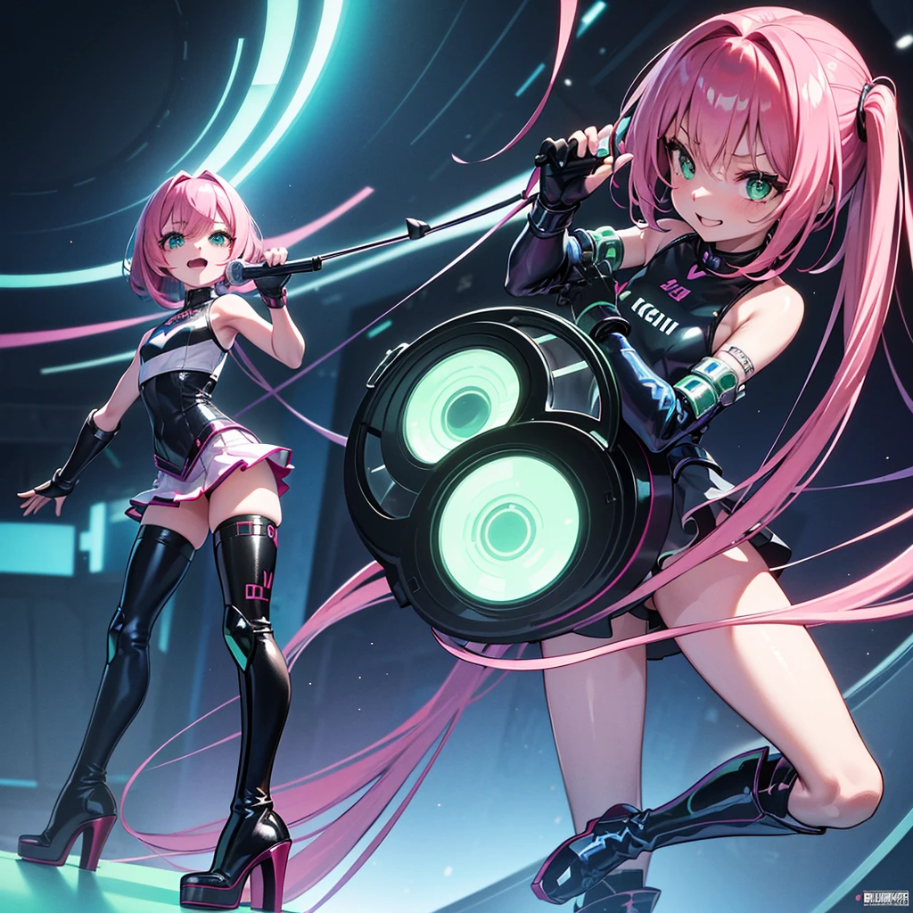 (masterpiece), (best quality), (high res) Solo, (perfect anatomy young girl (), fair skin, pink hair (shoulder length), green eyes, (skin tight idol outfit), (blue high heels boots), (tied up shirt), (super tight mini shorts), smiling, flat chest in a futuristic space setting with a green light, cyberpunk, cyber suit, best anime 4k, cybersuits