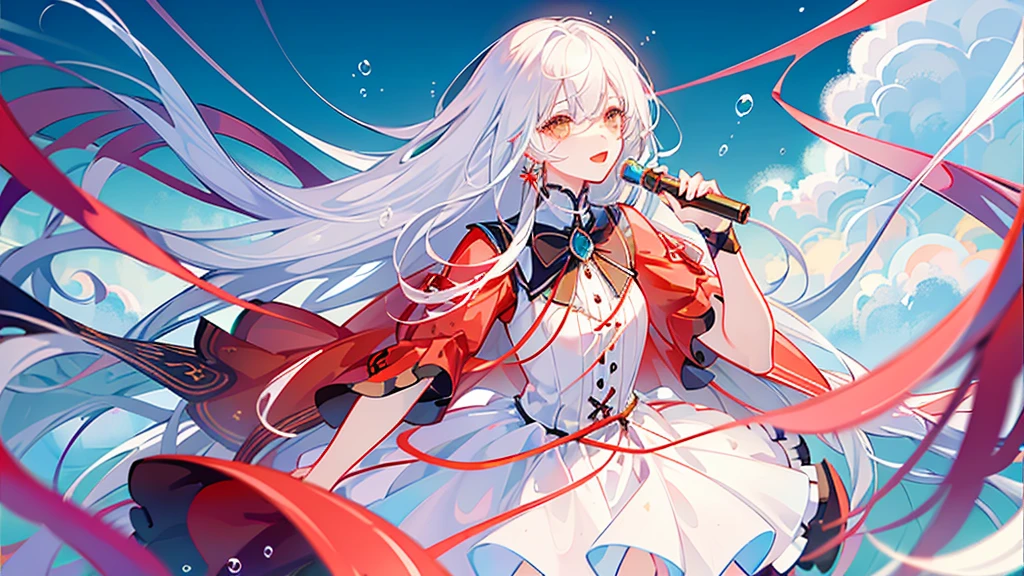 White hair, long, beautiful boy, cute, soft tulle dress, androgynous, left eye white, right eye red, love, fleeting, unrequited love, bubbles, solo, pale　White background