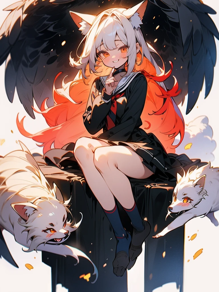masterpiece, best quality, ultra-detailed, illustration, an extremely delicate and beautiful, 8k,perfect face, Fox girl, playful smile,short skirt, long black socks,full body,student uniform,fluffy tail,blush,thin clothes.