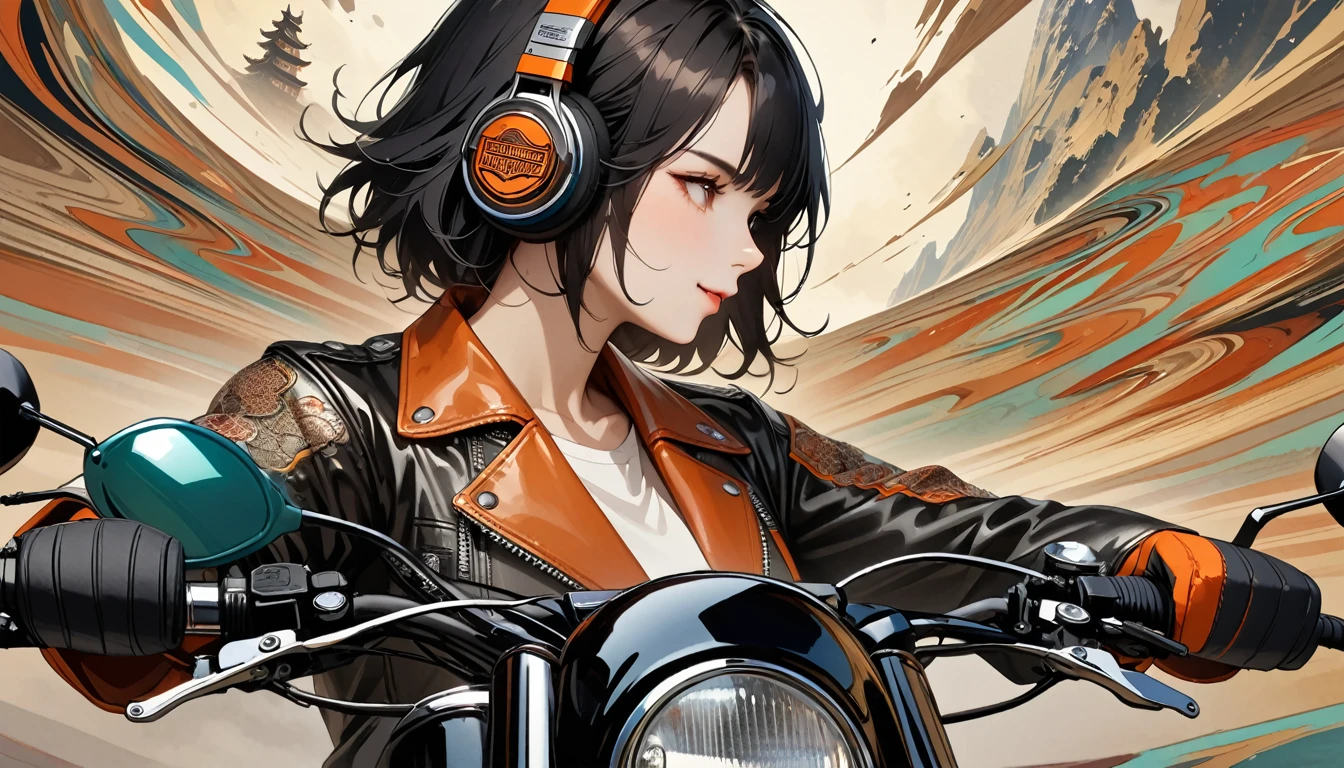 ((8k of extremely detailed CG unit, Masterpiece, high resolution, highest quality, highest quality real texture skin)), (((profile))), (((Japanese pattern leather jacket))), (((Harley-Davidson))), (((Japanese style headphones))), (((sunglasses))), (((The right hand is holding the right handle and the left hand is holding the left handle))), (((Smiling while driving a motorcycle))), (((Japanese patterned helmet))), ((1 girl)), (Black hair, messy hair, beige skin), (surreal, digital painting), (((Upper Body)))