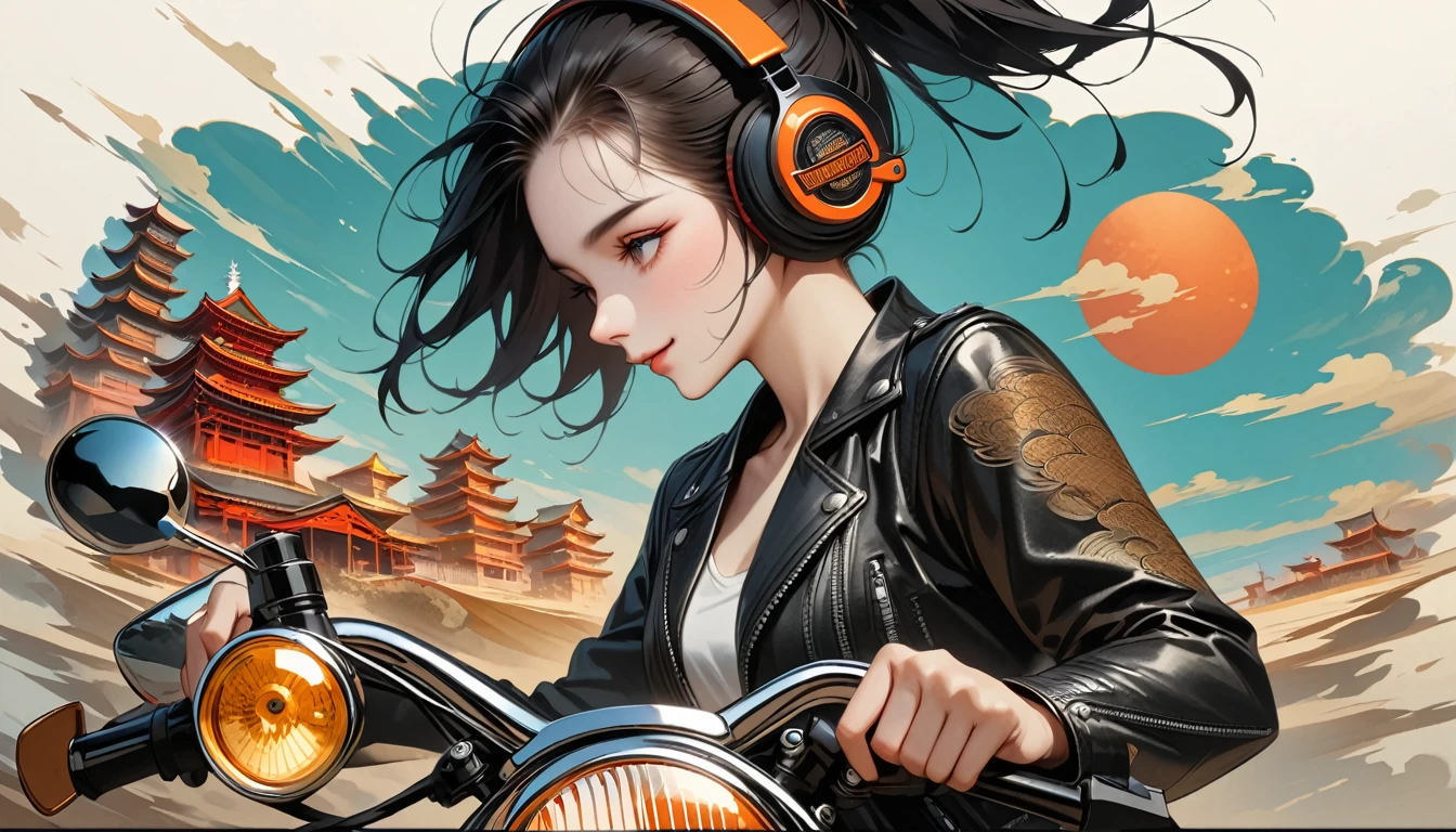 ((8k of extremely detailed CG unit, Masterpiece, high resolution, highest quality, highest quality real texture skin)), (((profile))), (((Japanese pattern leather jacket))), (((Harley-Davidson))), (((Japanese style headphones))), (((sunglasses))), (((The right hand is holding the right handle and the left hand is holding the left handle))), (((Smiling while driving a motorcycle))), (((Japanese patterned helmet))), ((1 girl)), (Black hair, messy hair, beige skin), (surreal, digital painting), (((Upper Body)))