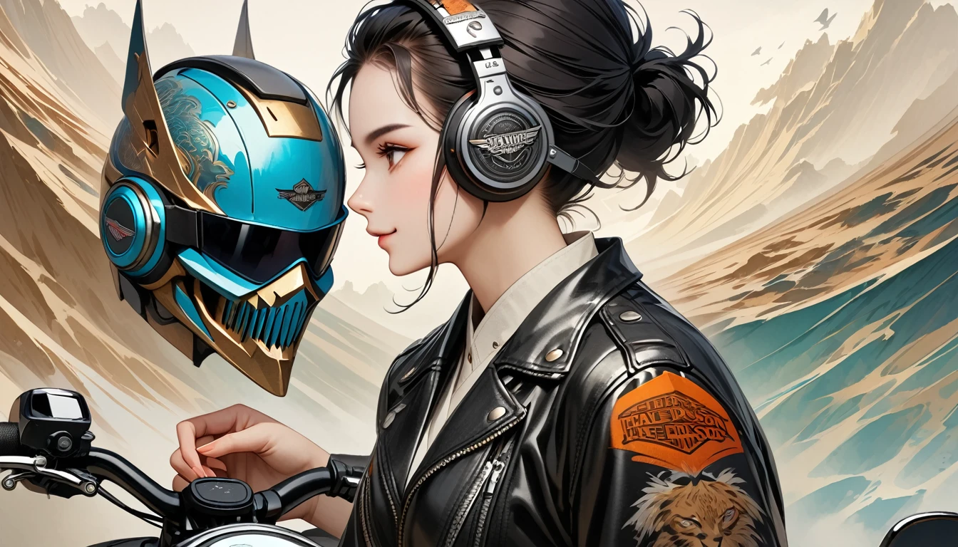 ((8k of extremely detailed CG unit, Masterpiece, high resolution, highest quality, highest quality real texture skin)), (((profile))), (((Japanese pattern leather jacket))), (((Harley-Davidson))), (((Japanese style headphones))), (((sunglasses))), (((The right hand is holding the right handle and the left hand is holding the left handle))), (((Smiling while driving a motorcycle))), (((Japanese patterned helmet))), ((1 girl)), (Black hair, messy hair, beige skin), (surreal, digital painting), (((Upper Body)))