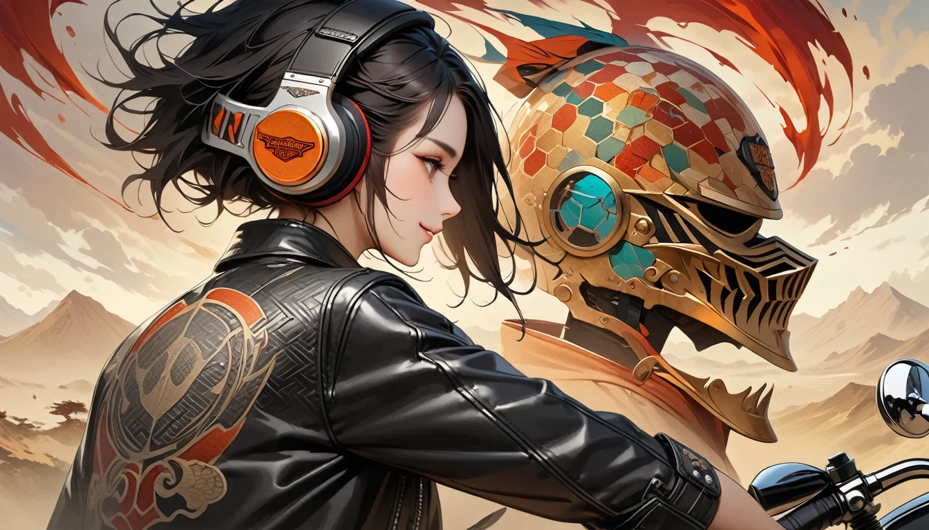 ((8k of extremely detailed CG unit, Masterpiece, high resolution, highest quality, highest quality real texture skin)), (((profile))), (((Japanese pattern leather jacket))), (((Harley-Davidson))), (((Japanese style headphones))), (((sunglasses))), (((The right hand is holding the right handle and the left hand is holding the left handle))), (((Smiling while driving a motorcycle))), (((Japanese patterned helmet))), ((1 girl)), (Black hair, messy hair, beige skin), (surreal, digital painting), (((Upper Body)))