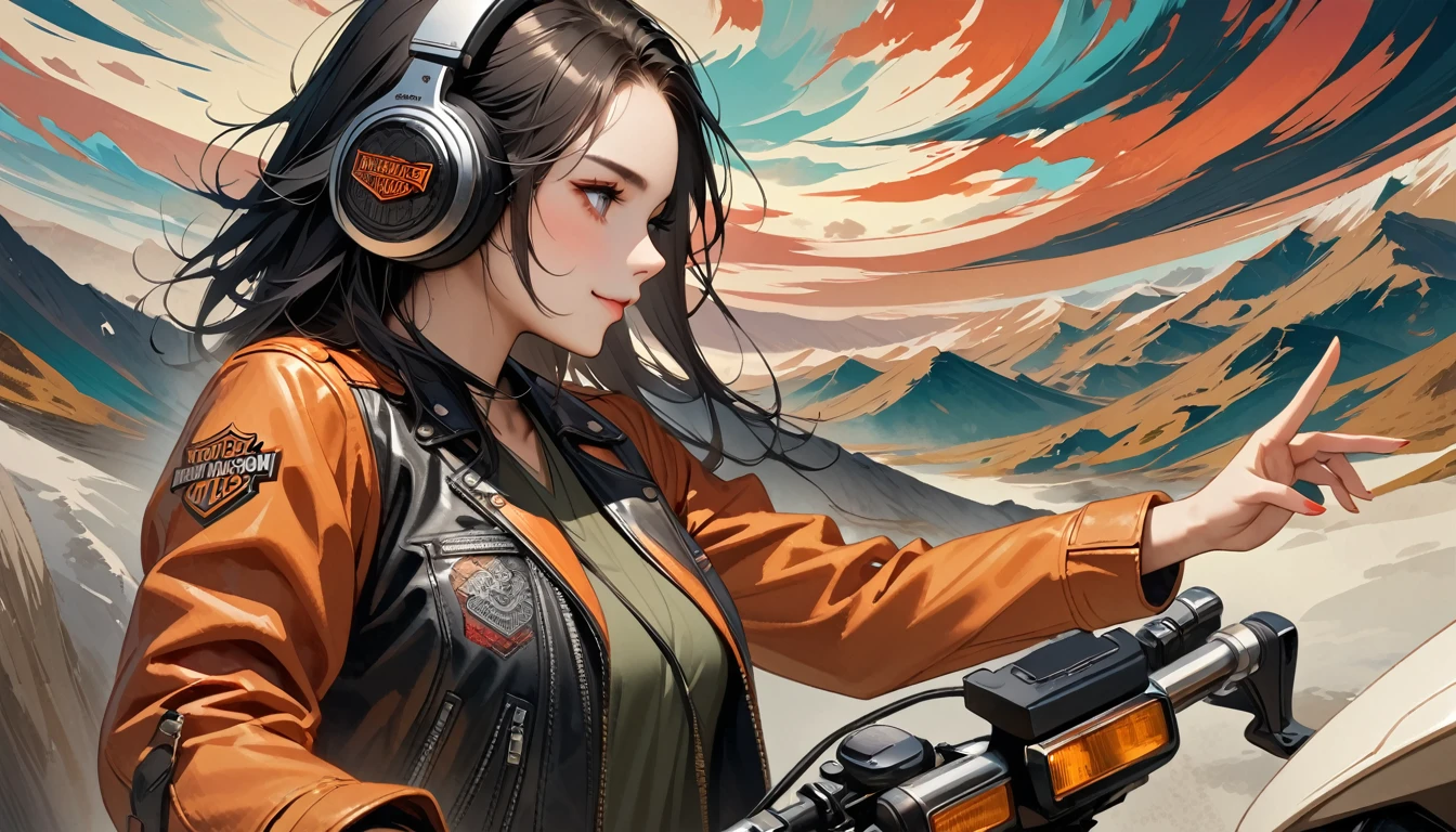 ((8k of extremely detailed CG unit, Masterpiece, high resolution, highest quality, highest quality real texture skin)), (((profile))), (((Japanese pattern leather jacket))), (((Harley-Davidson))), (((Japanese style headphones))), (((sunglasses))), (((The right hand is holding the right handle and the left hand is holding the left handle))), (((Smiling while driving a motorcycle))), (((Japanese patterned helmet))), ((1 girl)), (Black hair, messy hair, beige skin), (surreal, digital painting), (((Upper Body)))