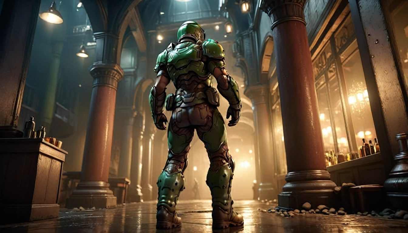 A man wearing large navy green combat armor that covers his entire body, paired with heavy iron boots and a helmet, walks through an empty bar at night with only one woman standing,back view,dramatic lighting,moody atmosphere,cinematic pose,high detail,photorealistic,intricate details,hyper realistic,depth of field,gritty environment,low key lighting,shadows and highlights,muted color palette,unreal engine,award winning cgi,masterpiece