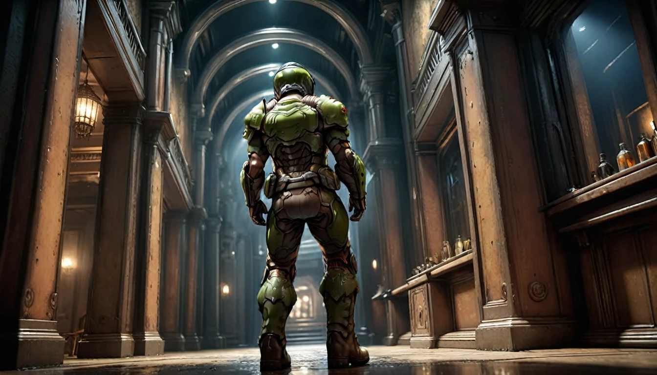 A man wearing large navy green combat armor that covers his entire body, paired with heavy iron boots and a helmet, walks through an empty bar at night with only one woman standing,back view,dramatic lighting,moody atmosphere,cinematic pose,high detail,photorealistic,intricate details,hyper realistic,depth of field,gritty environment,low key lighting,shadows and highlights,muted color palette,unreal engine,award winning cgi,masterpiece