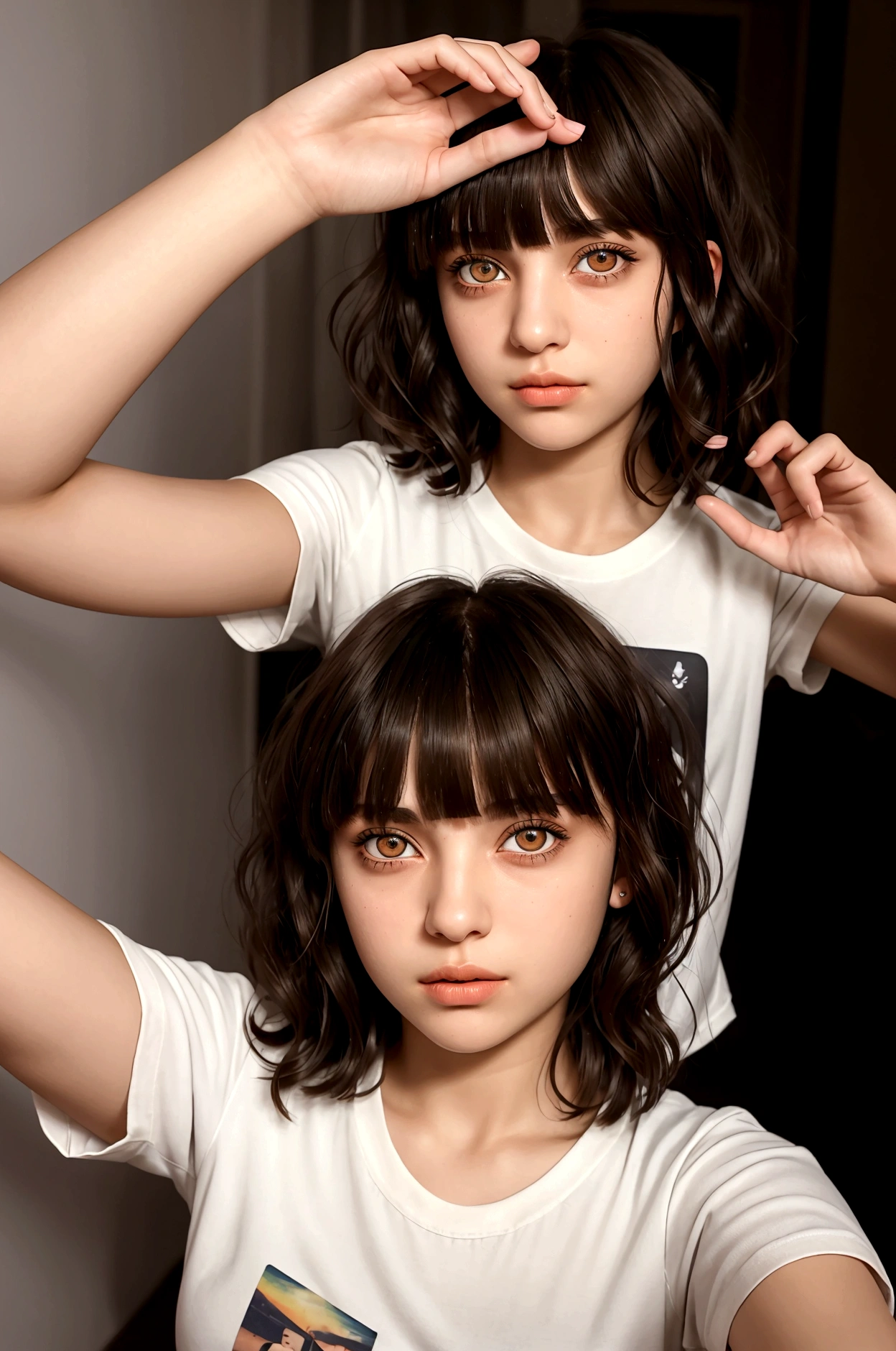 cinematic realistic portrait, front face, of a young girl, adolescent, (Lebanese), fly away, long t-shirt, minimal style, Beautiful woman, ((short wavy hair with bangs)), ((amber eyes)), Pursed lips, night in an apartment, window to the city, neon lights
