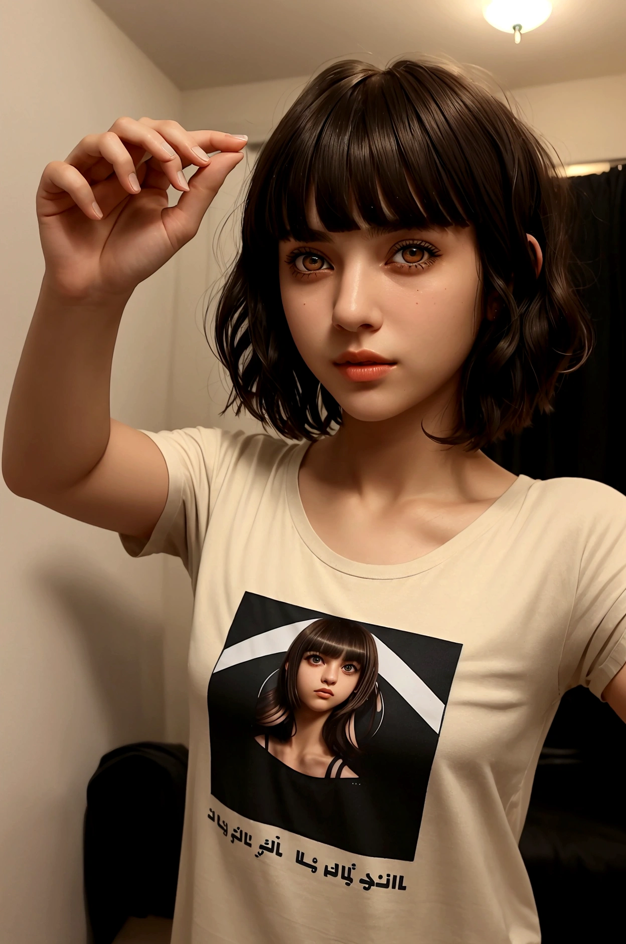 true-to-life portrayal, frontal camera, of a young girl, adolescent, (Lebanese), fly away, t-shirt larga, minimal style, Beautiful woman, ((short wavy hair with bangs)), ((amber eyes)), Selfie, night in an apartment