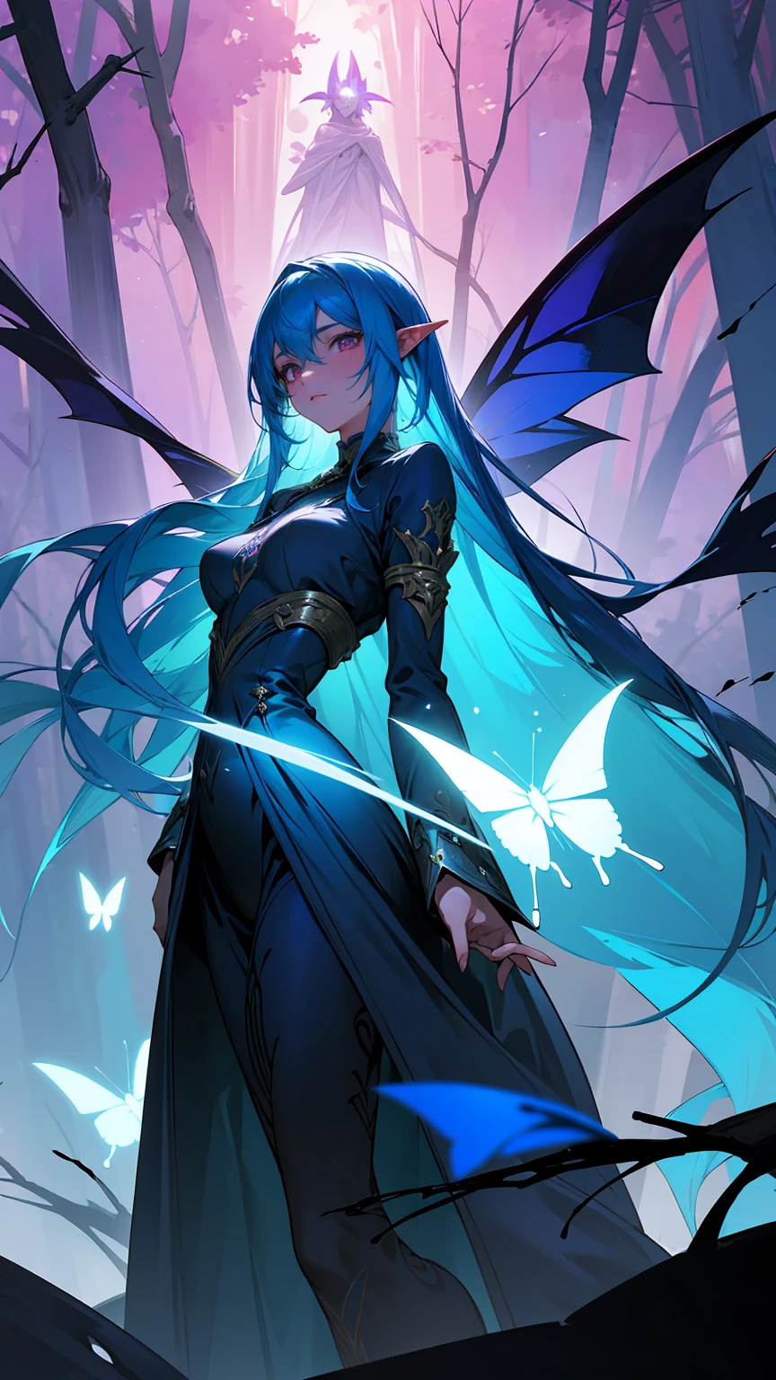 Create a fantasy-themed illustration of a female demon or dark elf character with striking, deep blue skin and long, flowing blue hair. Her eyes glow with an intense, otherworldly pink light, and she has long, pointed ears that enhance her mystical appearance. She also has a pair of large, bat-like wings that are vivid pink with light blue highlights and intricate patterns, extending majestically from her back.

The character is depicted sitting gracefully on a large tree branch in an enchanted forest, surrounded by ethereal blue butterflies and soft, glowing light filtering through the trees. She wears a form-fitting, dark outfit with gold accents that highlight her elegant and regal demeanor. The background is a misty, mystical forest scene with tall, shadowy trees and a magical ambiance, adding to the otherworldly atmosphere of the artwork.

The overall mood of the illustration should be enchanting, mysterious, and slightly eerie, capturing the essence of a powerful, otherworldly being in a magical forest setting.