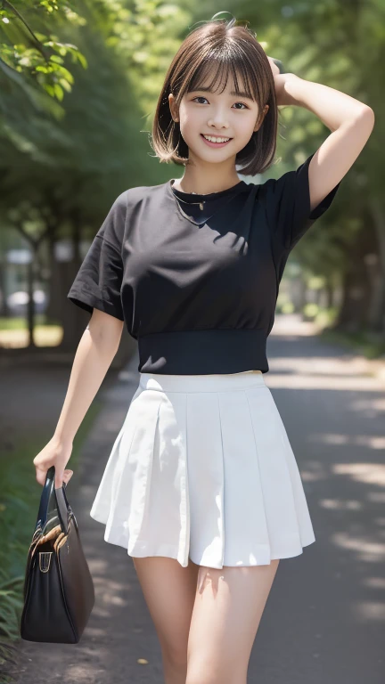 ((SFW: 1.4)), (girl)), Ultra-high resolution, (Realistic: 1.4), RAW Photos, Highest quality, (PhotoRealistic Stick), concentrated, Soft Light, ((15 years old)), ((Japanese)), (( (Young Face))), (surface), (Written boundary depth), masterpiece, (Realistic), woman, bangs, ((1 girl))、(((Model-like style、Thighs、shin、Full body portrait)))、Handbags))、((((Mr.々Fashion、Summer clothes、Mr.々A pose、Too short mini skirt))))、(((Find someone you like and smile)))、(((The background is a forest)))、(((The wind flips up my skirt、The genitals are visible)))