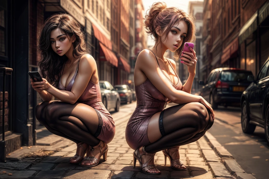 woman in pink dress squatting down on a brick sidewalk taking a picture, exposed thighs, pretty face with arms and legs, checking her phone, exposed thighs!!!, round thighs, checking her cell phone, juicy legs, hugging her knees, sexy look at the camera, special attention to posing, thighs, squatting pose, uhd candid photo of dirty, high details, natural skin pores, skin imperfections, cellulite, stretch marks and moles on skin. (woman in pink dress squatting down on a brick sidewalk taking a picture, a photorealistic painting by Xi Gang, tumblr, hyperrealism, exposed thighs, pretty face with arms and legs, checking her phone, exposed thighs!!!, round thighs, checking her cell phone, juicy legs, hugging her knees, sexy look at the camera, special attention to posing, thighs), [(anime illustration)]