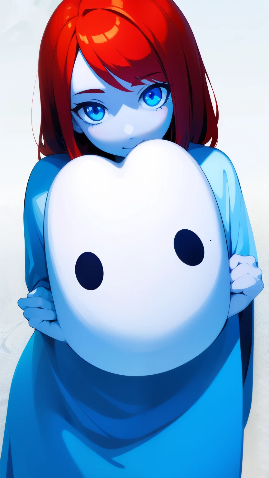 girl, Red hair, White skin, bright blue eyes, happy and shy