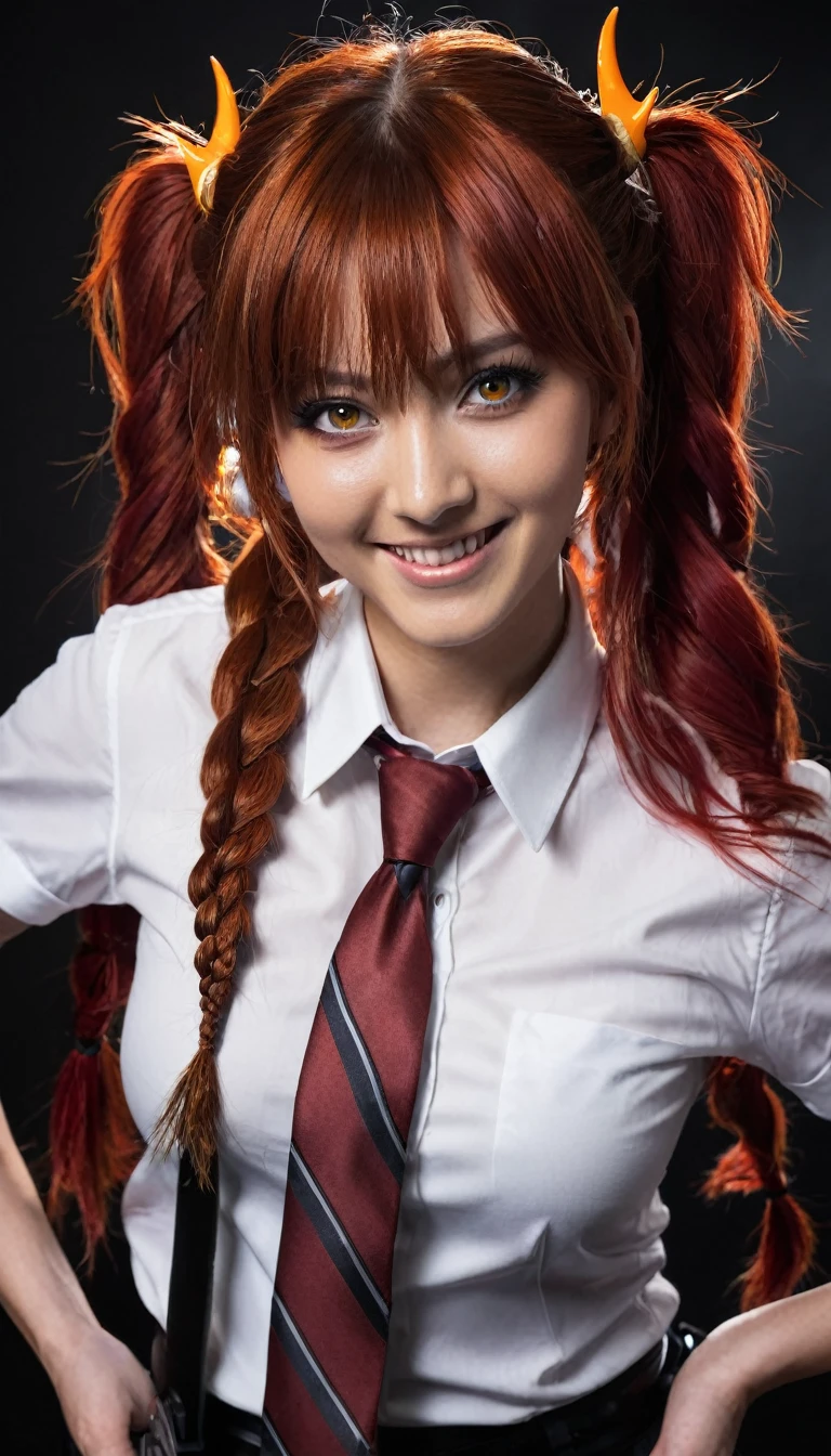 hands (Chainsaw Man), best quality, ultra detailed, 1 girl, alone, Stand, Red hair, long braided hair, gold eyes, bangs, medium breasts, White shirt, necktie, stare, smile, (devilish:1.2), Viewers look at, (Interview:1.3), (dark background), from bottom, sharp contrast , Beautiful, detailled eyes, ass focus , close up shot , bright orange eyes,front view